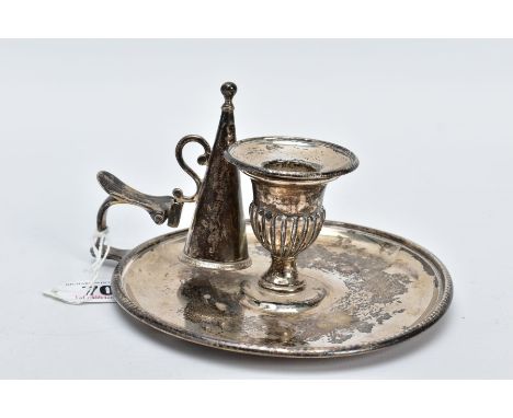 A GEORGIAN SILVER CHAMBER CANDLESTICK AND SNUFFER, the candlestick with a beaded rim and lower fluted body, on a plain polish