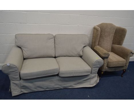 A LIGHT GREY UPHOLSTERED TWO SEATER SETTEE, width 176cm together with a brown upholstered wing back armchair (2)