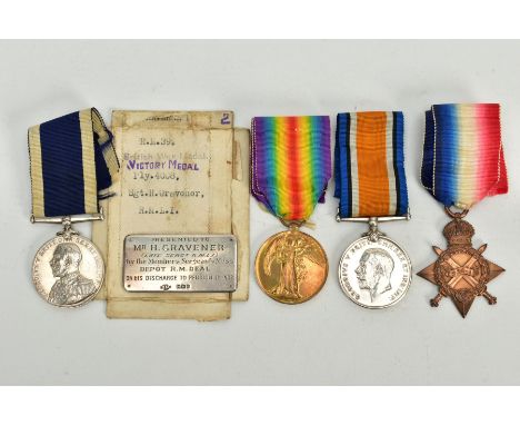 A GROUP OF FOUR WWI ERA MEDALS to Sgt PLY 4008 Herbert GRAVENER R.M.L.I. Royal Marine Light Infantry 1914-15 Star, British Wa