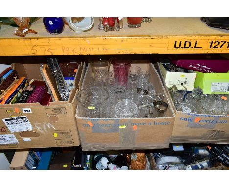 THREE BOXES OF GLASSWARE, METALWARE, BOOKS AND PRINTS, including a cased Kigu compact/lipstick set, books relating to Scotlan