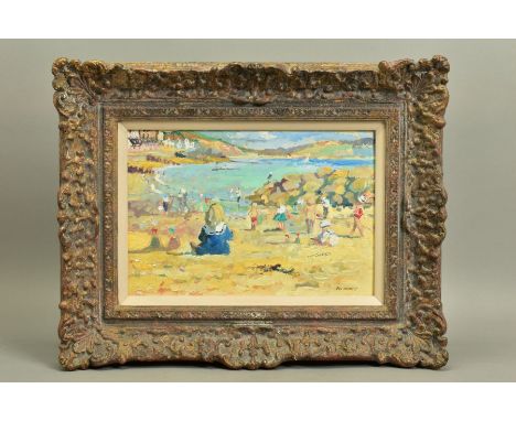 SHEREE VALENTINE DAINES (BRITISH 1959) 'Summers Day, Lyme Regis', children playing on a beach, signed bottom right, oil on ca