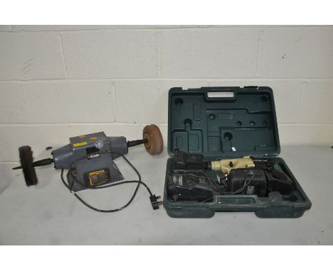 A HITACHI DH24DBC 24V SDS DRILL with case, charger and two batteries and a Cruesen Professional bench polisher (both PAT pass