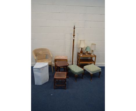 A QUANTITY OF OCCASIONAL FURNITURE, to include a teak three tier stand, walnut standard lamp, occasional table, four stools, 