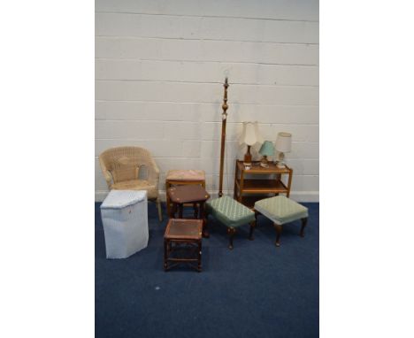 A QUANTITY OF OCCASIONAL FURNITURE, to include a teak three tier stand, walnut standard lamp, occasional table, four stools, 