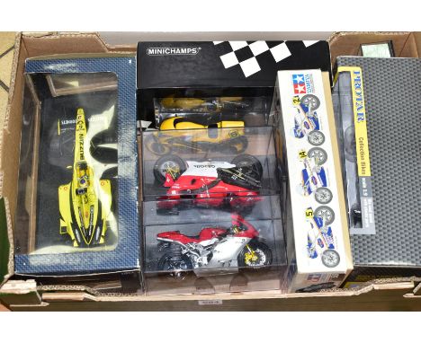 A QUANTITY OF ASSORTED BOXED AND UNBOXED RACING CAR AND MOTORBIKE MODELS, to include Mattel Hot Wheels Racing, Minichamps, Pr