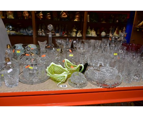 A GROUP OF GLASSWARE, including drinking glasses, bowls, grapefruit dishes, yellow and vaseline pressed glass milk jug and tw