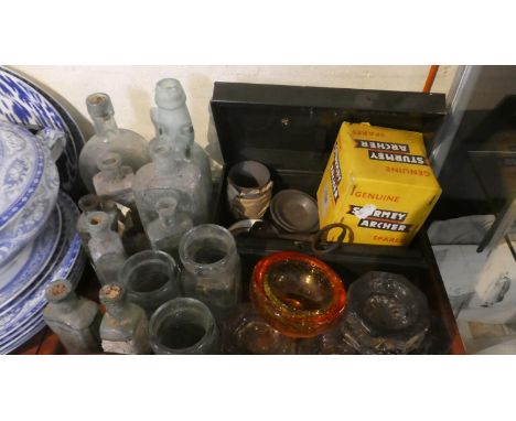 A Tray Containing Various Collectors Bottles and Glass Furniture Stands, Cash Tin, Vintage Key 