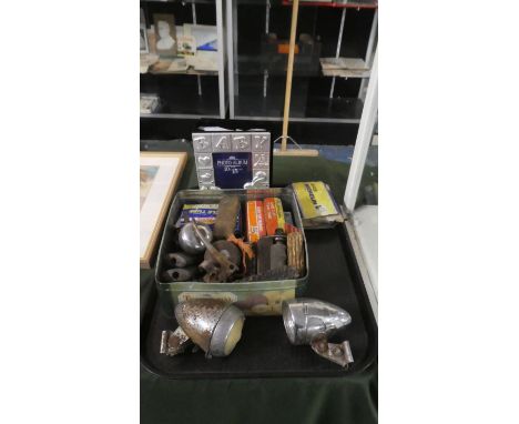 A Tray of Vintage Bicycle Lamps, Bells and Repair Kits, Modern Photo Frame etc 
