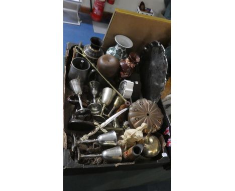 A Box of Ceramic and Metalwares to Include Vases, Goblets, Figral Ornaments, Jack Plane etc 