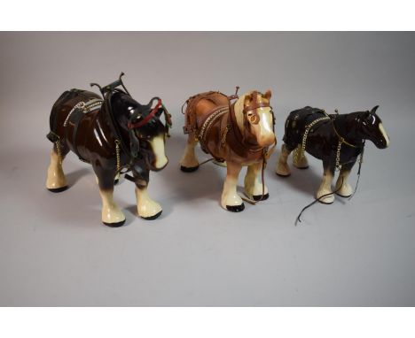 Three Ceramic Heavy Horses with Harness, The Largest 37cm Long 