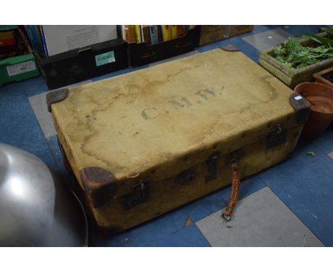 A Vintage Leather Mounted Canvas Travelling Case Monogrammed CMW, 76.5cm Wide 