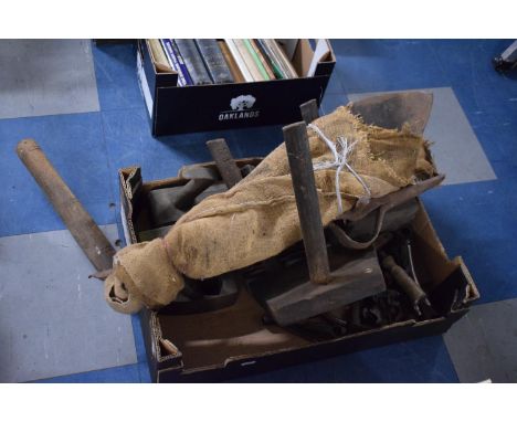 A Box Containing Vintage Three Legged Milking Stool, Two Jack Planes, Vintage Tools 