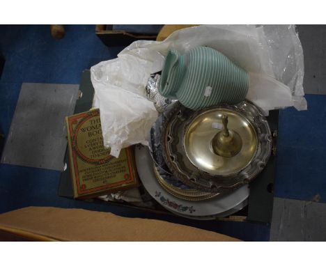 A Box of Sundries to Include Ceramic Decorated Plates, Silver Plate, Wooden Bread Board etc 