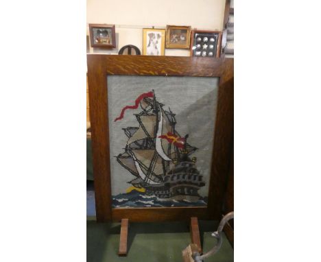An Oak Framed Tapestry Fire Screen Decorated with Galleon, 51cm Wide 