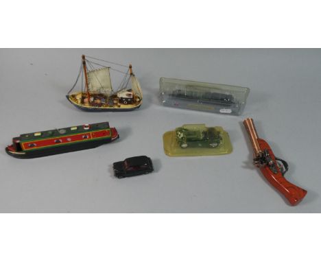 A Small Collection of Toys and Models to Include Canal Boat, Fishing Barge, Railway Engine, Railway Cars and Pistol Lighter (