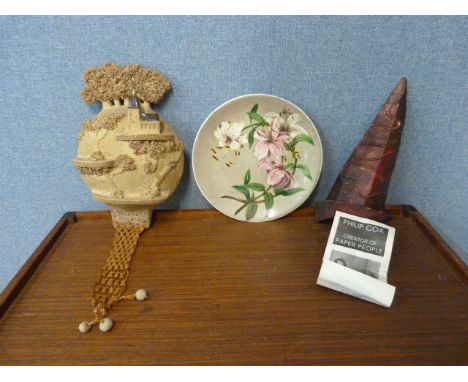 A Philip Cox papier mache sculpture, a ceramic floral painted plate dated 1884 and one other 