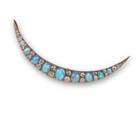 An opal and diamond-set open crescent brooch, set with graduated oval-shaped opals, each separated with a pair of circular-cu