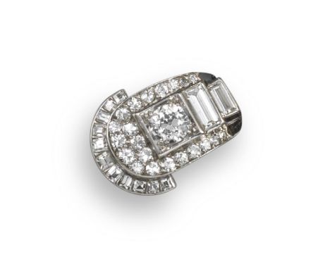 A French Art Deco diamond ring, centred with a circular-cut diamond and two graduated baguette-shaped diamonds within a surro