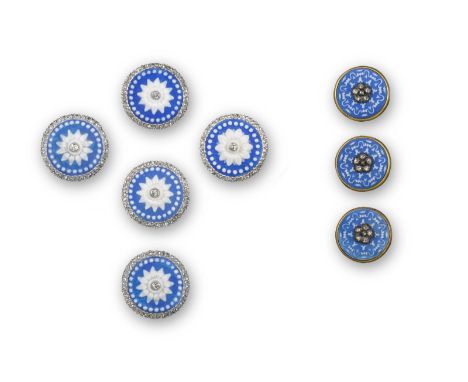 A cased set of dress links and buttons, the five larger circular blue and white Jasperware discs with diamond-centred white f