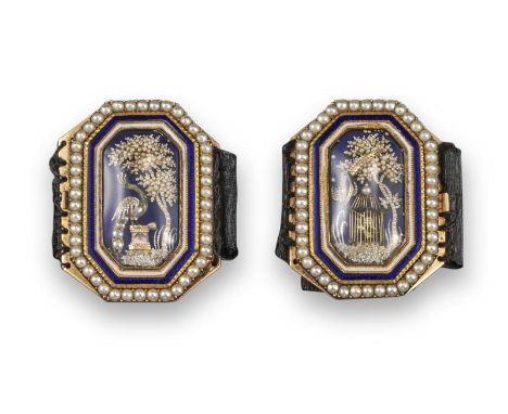 A pair of George III black silk bracelets with gold clasps, one clasp depicting a caged bird beneath a tree and foliage, the 