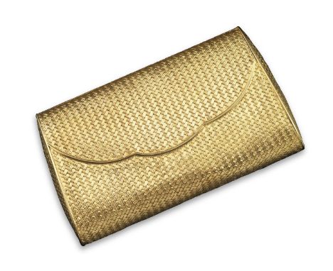 A gold clutch bag, of patterned lattice form with hinged cover containing a mirror, 298g total weight (including mirror), 16c