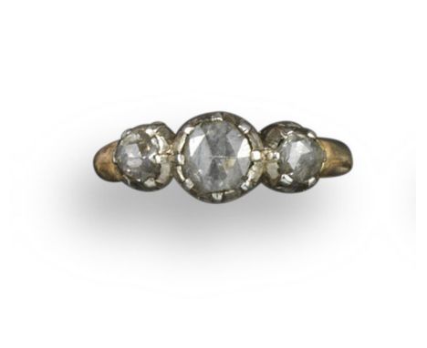 A diamond three-stone ring, set with graduated rose-cut diamonds in closed-back silver and gold mount, size K ½