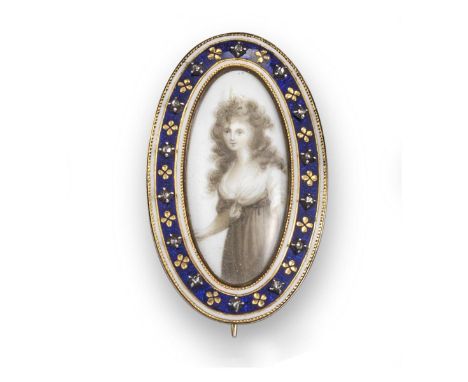 An early 19th century oval portrait brooch, the monochrome painted lady, set within white and blue enamel border set with gol