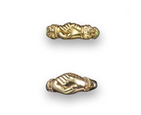 Two gold fedé rings, one decorated with remnants of polychrome enamel, size S 1/2, the other with diamond decoration and insc