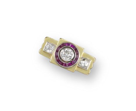 A French Odeonesque ruby and diamond ring, 1940s, set with a line of graduated old circular-cut diamonds in platinum, the pri