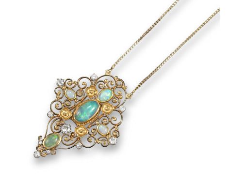 An early 20th century opal and diamond pendant, the five graduated white opals are set with pierced scroll surround set with 