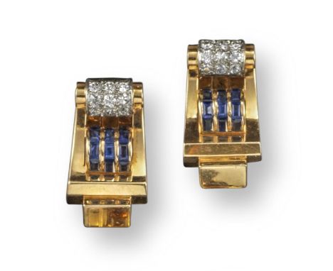 A pair of French sapphire and diamond scroll earrings, c.1940, set with circular-cut diamonds and calibré-cut sapphires in pl