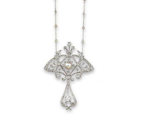 An Art Nouveau diamond and pearl brooch pendant, centred with a natural pearl within a surround of millegrain-set graduated c