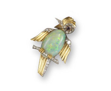 A stylised gold bird brooch, the body formed from a solid white opal cabochon, in yellow gold and platinum, set with circular