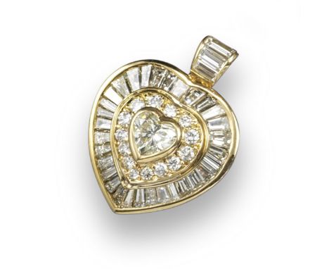 A diamond-set heart-shaped gold pendant, centred with a heart-shaped diamond within a surround of round brilliant-cut diamond
