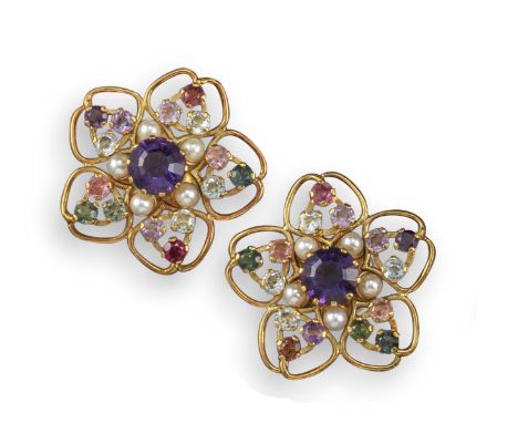 A pair of gem-set flowerhead earrings, set with a central circular-cut amethyst within a border of cultured pearls, tourmalin