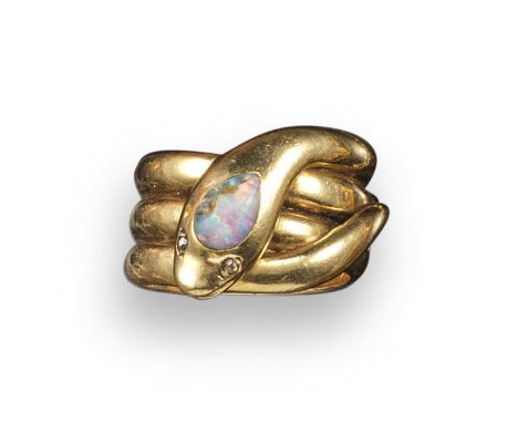 A Victorian opal-set gold snake ring, the stylised serpent set with a cabochon opal to its head and diamond eyes, size K