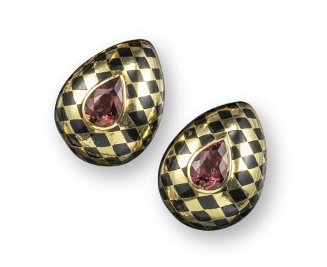 A pair of pear-shaped tourmaline-set gold earrings by Angela Cummings, c.1984, within black onyx inlaid chequerboard design, 