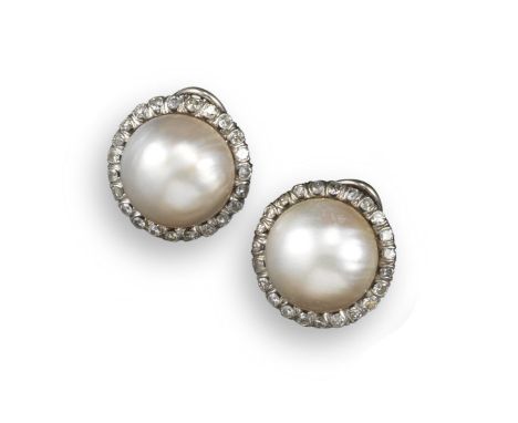 A pair of cultured mabé pearls and diamond cluster earrings, the cultured pearls set within a diamond surround, 1.8cm diamete