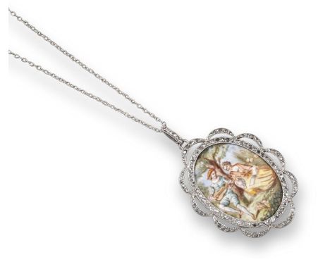 An oval portrait pendant, depicting a gentleman serenading a lady on enamel, within millegrain-set rose-cut diamond border wi