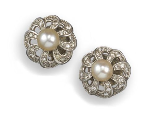 A pair of natural pearl and diamond scroll earrings, each pearl set within a surround of diamond-set scrolls in white gold Ac