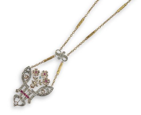 A ruby and diamond foliate pendant, set within scrolling borders of rose-cut diamonds and square-shaped rubies, with a turquo