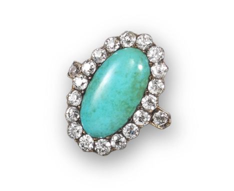 A Victorian turquoise and diamond cluster ring, the oval turquoise cabochon is set within a surround of old cushion-shaped di