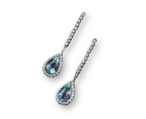 A pair of aquamarine and diamond drop earrings, the pear-shaped aquamarines set within a surround of round brilliant-cut diam