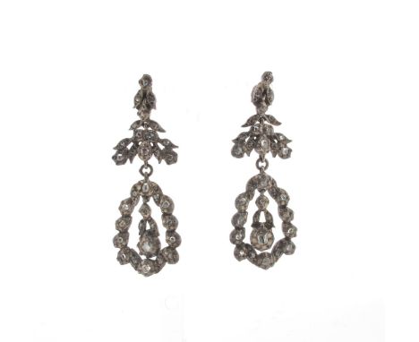 A pair of antique pendeloque earrings, set with graduated rose-cut diamonds in closed-back silver settings, later post fittin