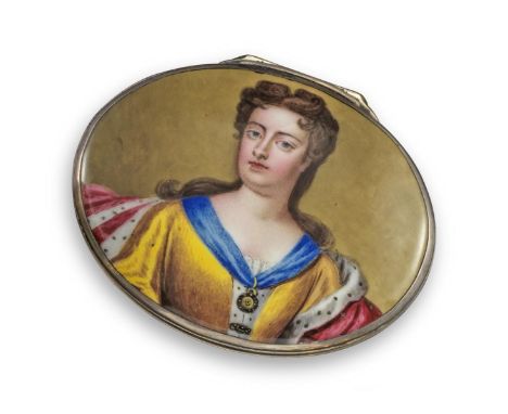 A Queen Anne gilt lined silver box with enamel portrait of Queen Anne to the hinged cover, of oval form and depicting the que