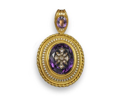 A 19th century Etruscan revival amethyst and diamond pendant, the oval plaque set with a central oval-shaped amethyst set wit