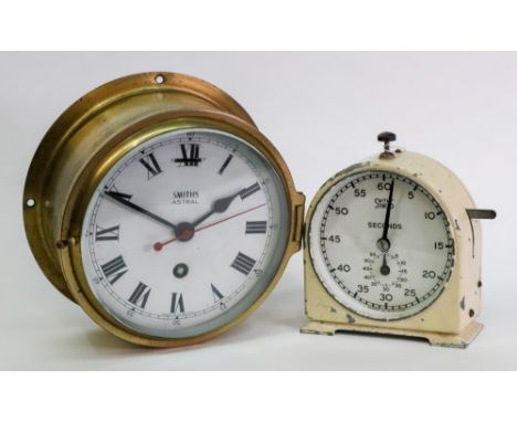 Smiths Astral; gilt metal cased bulkhead style wall timepiece, 6" dial and a vintage Smiths Timer standing timepiece, in enam