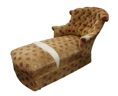 A Victorian style button down upholstered chaise longue, with curved tub back, on cabriole legs and castors, 92cm wide x 180c