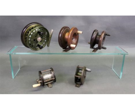 A collection of five fishing reels: one stamped Made in England, another stamped R. Anderson &amp; Sons, Princes St., Edinbur