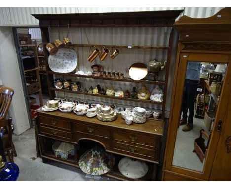 Large Oak Dresser with Open Shelves above Five Drawers and Pot Shelf below